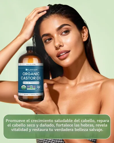 Vista 6 de Florisan Aceite de ricino orgánico certificado por USDA, botella de vidrio de 16 onzas, prensado en frío, sin hexano, sin OMG, vegano, 100% puro