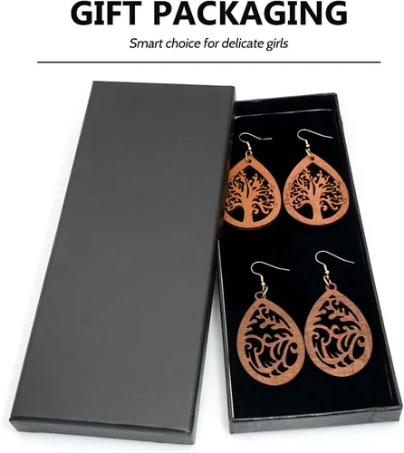 Vista 7 de Wovanoo Aretes de madera para mujer, aretes colgantes de gota de agua de madera natural
