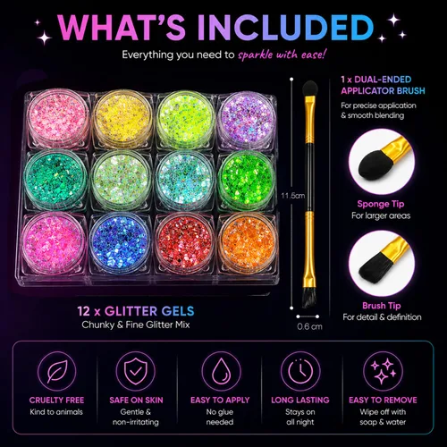Vista 8 de 12 colores de gel con purpurina que brilla en la oscuridad, reactiva a la luz negra UV, para rostro y cuerpo, no necesita pegamento, grado cosmético