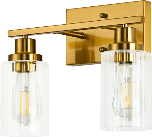 Vista 9 de Jonsi Accesorios de iluminación de baño dorados, 2 luces de tocador de oro cepillado con pantalla de vidrio estriada, luces modernas sobre espejo