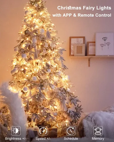 Vista 6 de Luces de Hadas Inteligentes Paquete de 2 Total 66 Pies 200 Luces LED de Cadena Parpadeantes con Control Remoto y APP, Luces de Árbol de Navidad USB