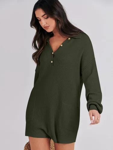 Vista 6 de ANRABESS Enterizo de suéter para mujer, trajes de otoño 2023, a la moda, largo, Henley, cuello en V, overol de punto para descansar