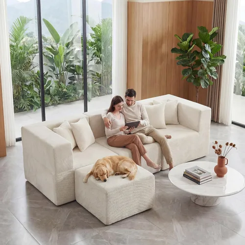 Vista 2 de MONVANE Sofá seccional deshuesado en forma de L de gran tamaño, chenilla Chenille-beige