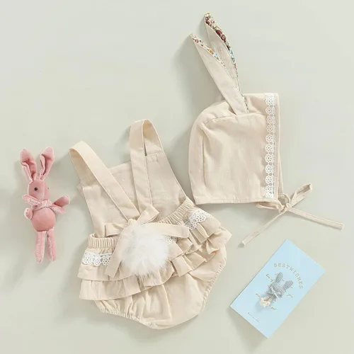 Vista 2 de KMBANGI Mameluco de conejito para bebé, sin mangas, sin espalda, bohemio, con gorro de orejas de conejo, traje de verano y Pascua