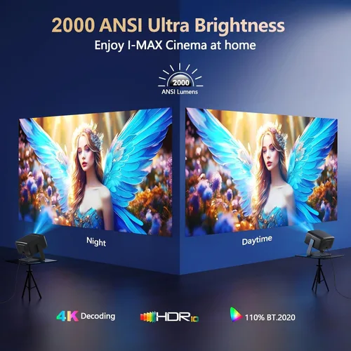 Vista 2 de 3200 ANSI/Aplicaciones oficiales/Proyector 4K con soporte de 360° con WiFi y Bluetooth, enfoque automático, proyector de corto alcance Keystone