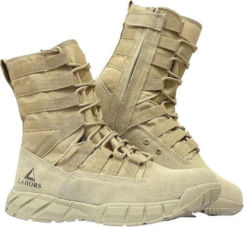 Vista 12 de Botas tácticas militares de combate ligeras para hombre. Botas de desierto al aire libre para senderismo, ejército, transpirables, con cremallera