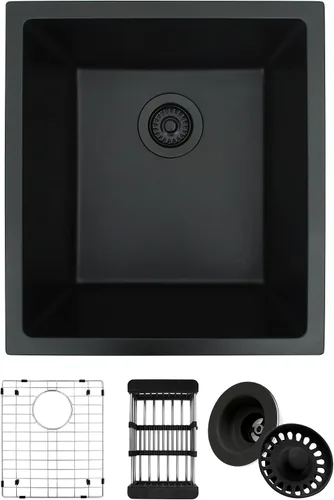 Vista 19 de Fregadero de barra negro, fregadero de cocina de montaje inferior de 13 x 15 x 10 pulgadas, fregadero de cocina pequeño y profundo de granito