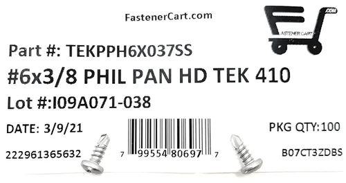 Vista 2 de #6x3/8 Acero inoxidable Phillips Pan Head Autoperforantes Tornillo TEK (410 Acero Inoxidable) 100 Piezas 6X3/8