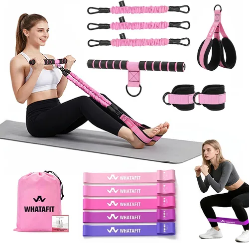 Vista 10 de WHATAFIT Pedal Resistance Band with Handles & Ankle Straps 3-Level Home Gym Rosa