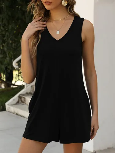 Vista 4 de Qnaasey - Overol corto de verano para mujer, cuello en V, sin mangas, con bolsillos, para la playa