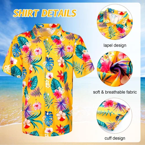Vista 4 de Harloon Conjunto de 4 piezas de camisa hawaiana y pantalón corto para hombre, casual, con botones, verano, playa, flores, con sombreros, gafas de sol