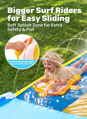 Vista 3 de Sloosh Tobogán acuático triple para césped de 22.5 x 82 pulgadas, agua de césped resistente con 3 tablas de cuerpo y rociador deslizante para niños