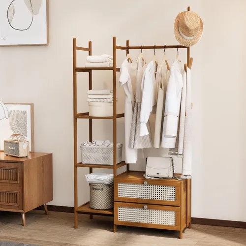Vista 10 de Perchero de Ropa de Bambú, Perchero con Cajones y Estantes, Estantes de Almacenamiento de 5 Niveles con 6 Ganchos para Colgar, Armario Closet