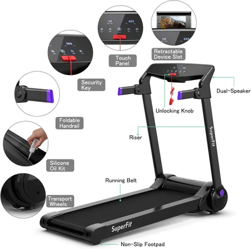 Vista 7 de Goplus 3HP Caminadora eléctrica plegable, caminadora autoestable con control de aplicación, altavoz de dientes azules, pantalla táctil HD, sin