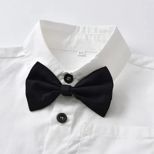 Vista 3 de IBTOM CASTLE Camisa con pajarita para bebés y niños, pantalones con tirantes, trajes de caballero para boda, bautismo, cumpleaños, esmoquin formal