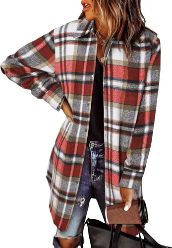 Vista 12 de EVALESS Chamarra Shacket de Cuadros con Bloques de Color para Mujer, Ropa de Otoño, Conjuntos de Moda 1b marrón