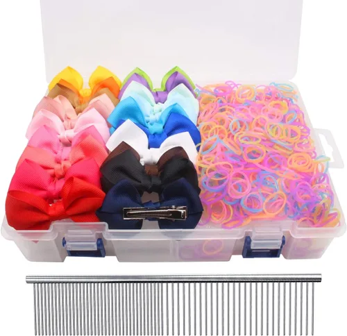 Vista 11 de YOY 20 adorables lazos para el pelo de perro con clips y 1000 bandas de goma y 1 peine de acero para peluquería, nudo superior de cachorro, moño