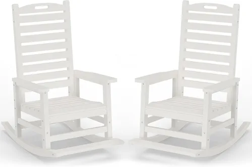 Vista 10 de PLUUV Silla mecedora de exterior con reposapiés extraíble para adultos, sillas mecedoras de patio de respaldo alto HDPE, sillas mecedoras de porche