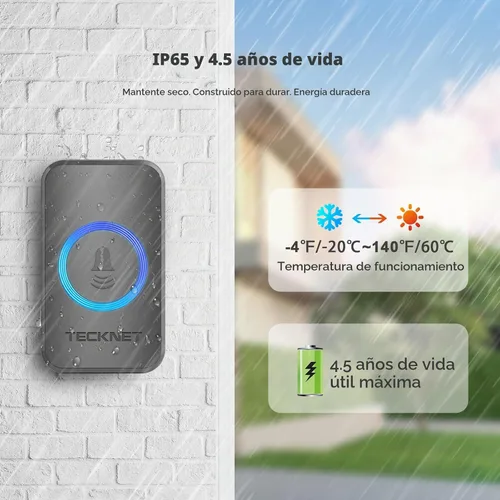 Vista 3 de TECKNET - Timbre inalámbrico para el hogar, IP65, impermeable, 1,970 pies, 120 dB, timbre de puerta inalámbrico para aula con 60 campanillas y 5