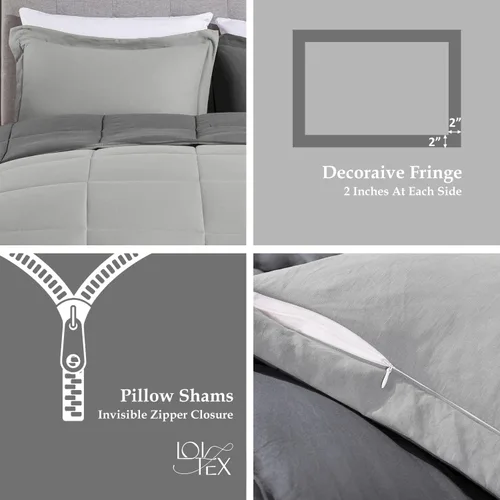 Vista 4 de LOVTEX Juego de edredón de 3 piezas, microfibra lavada ultrasuave, alternativa reversible al plumón con 2 fundas de almohada (gris/carbón)