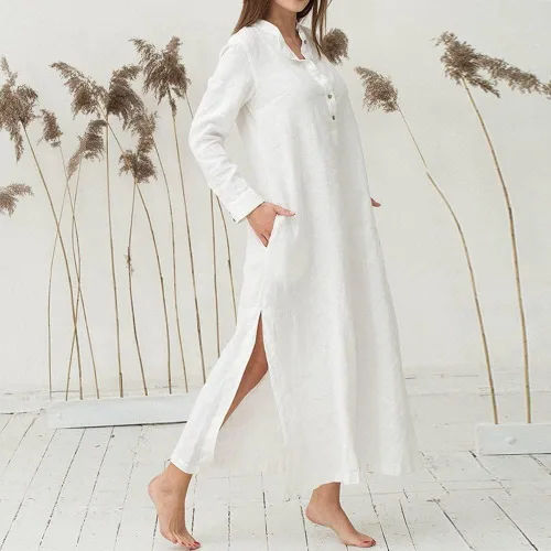 Vista 3 de ADHOWBEW Vestido largo de lino de manga larga con cuello en V para mujer, con bolsillos, ajuste holgado