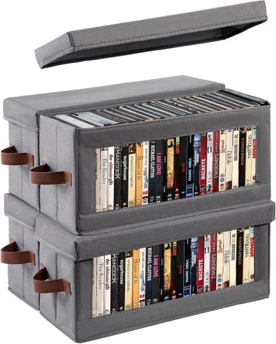 Vista 12 de Paquete de 2 cajas de almacenamiento de DVD con ventana visible, organizador de DVD a prueba de polvo con tapa y asas, capacidad para hasta 52