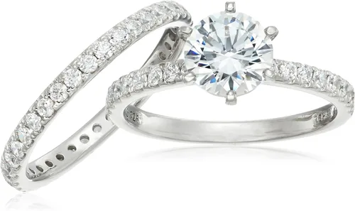 Vista 4 de Tienda Essentials Juego de anillos de boda de plata de ley chapada en platino o oro con circonita cúbica de corte redondo con elementos infinitos