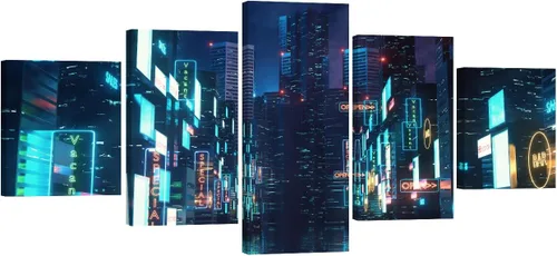 Vista 25 de Lienzo decorativo para pared, diseño de ciudad futurista Cyberpunk para sala de estar, impresión multipanel, obra de arte de cocina, pintura