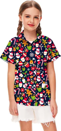 Vista 6 de Remimi Camisa unisex de Halloween para niños, camisetas hawaianas de manga corta con botones feos de 5 a 14 años Christmas Gift