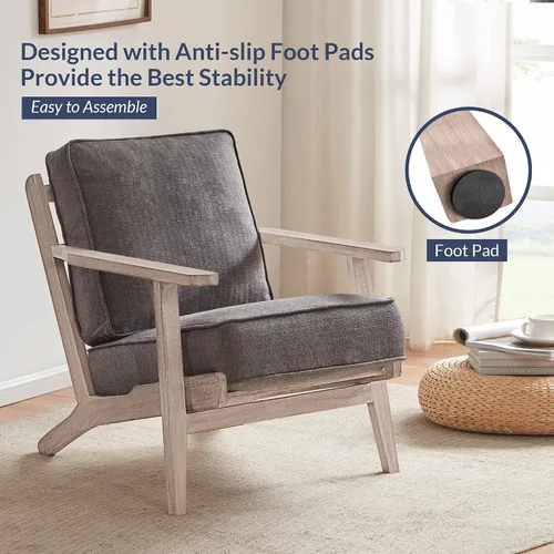 Vista 4 de BELLEZE Silla moderna de mediados de siglo con marco de madera resistente, sillón tapizado de lino, fácil montaje, cómoda silla decorativa para sala