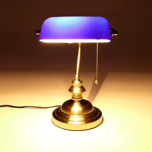 Vista 3 de FIRVRE Lámpara de escritorio de banqueros de cristal azul, lámpara de mesa ejecutiva brillante con interruptor de cadena de tracción, lámpara
