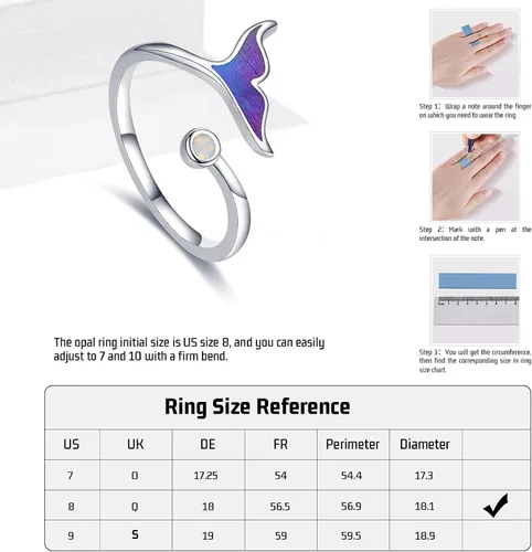 Vista 4 de Anillo de sirena de plata de ley 925 con ópalo oceánico ajustable, anillo abierto, joyería de sirena, regalo para mujeres y niñas, Plata de ley 925