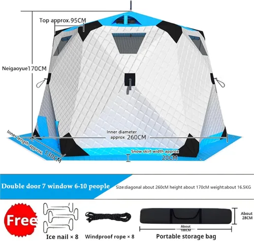 Vista 6 de Portable Pop-Up Ice Fishing Tent for 6-10 Persons, 420D Insulated Shelter with Stove Jack, Anchors & Carry Bag, Winter Fishing Mat (260x260x170cm)