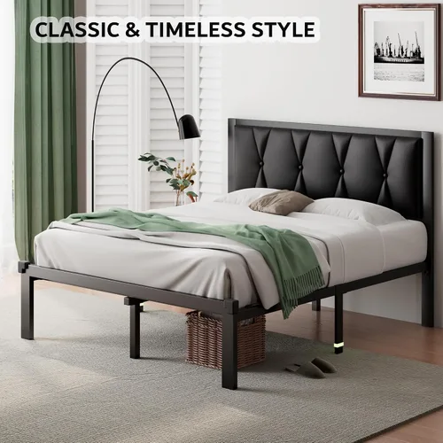Vista 3 de iPormis Marco de cama tamaño matrimonial de metal, cama con cabecera tapizada con botones de piel sintética, soporte de listones resistentes, 30 cm