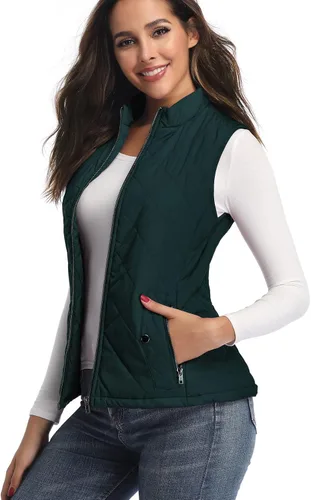 Vista 6 de LONGKING Chaleco de mujer, cuello alto, ligero, con cremallera, acolchado para mujer