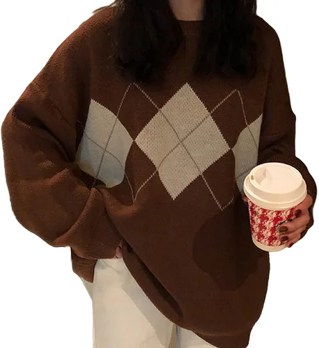 Vista 2 de Suéter de punto de Argyle para mujer, estilo dulce y preparado, para otoño e invierno, chaleco Y2K Top E-Girl Vintage Suéter
