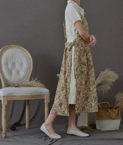 Vista 8 de Delantal japonés de algodón con espalda cruzada para mujer con bolsillos