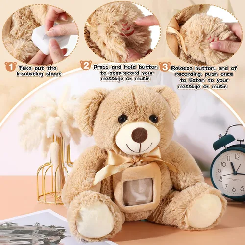 Vista 3 de Libima Oso de recuerdo de 14 pulgadas con grabadora de voz, juguete de peluche suave con un marco de fotos, abrazos, regalo conmemorativo para baby