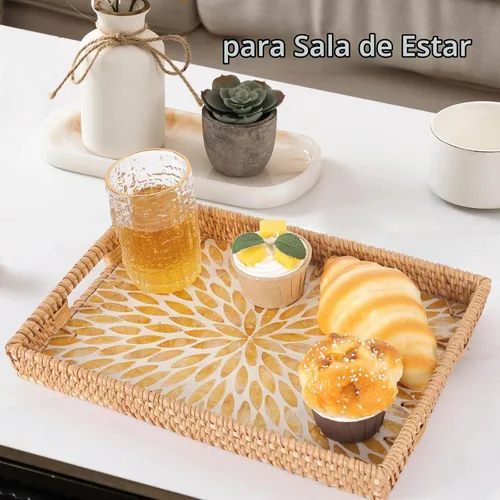 Vista 5 de Bandeja rectangular de ratán con incrustaciones de madreperla, bandeja de ratán con asa para café, pan, frutas, aperitivos, bandeja decorativa