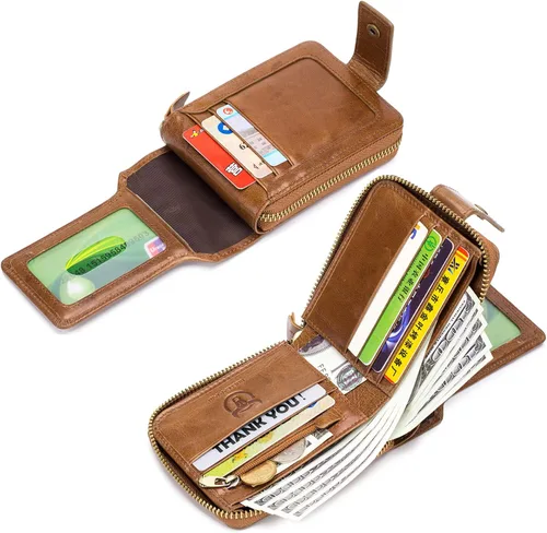 Vista 18 de LUKZIJAES Billetera de cuero genuino para hombre, con bloqueo RFID, delgada, plegable, bolsillo frontal, #3-Café, Vintage