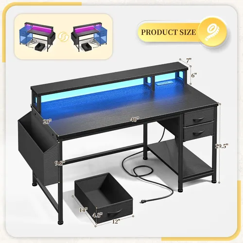 Vista 4 de DurayLoly Escritorio para juegos de 40 pulgadas con cajones y bolsa de almacenamiento, escritorio para computadora con tomas de corriente y luces