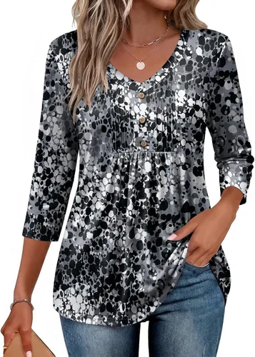 Vista 11 de Ekouaer Blusas de manga 3/4 para mujer, cuello en V, blusas plisadas casuales Boho Multicolor