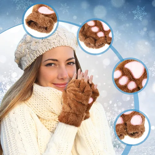 Vista 3 de SATINIOR 3 pares de guantes de pata de gato, guantes sin dedos, guantes de felpa de invierno para mujeres y niñas