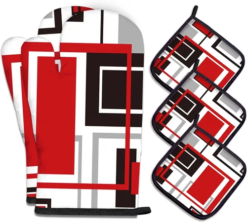 Vista 37 de MCALK Juego de 5 manoplas de horno y soportes para ollas, guantes abstractos para horno y almohadillas calientes para cocina de cocina, manoplas