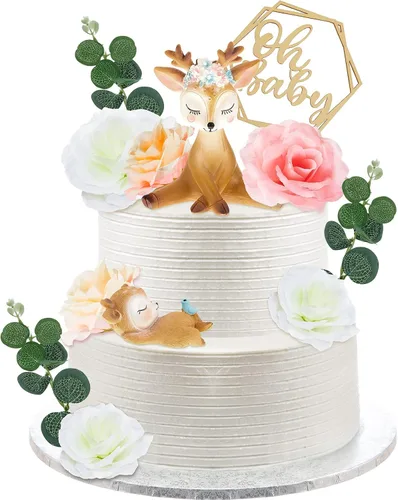 Vista 8 de Taiyin Oh Baby Cake Toppers para baby shower, lindos adornos para tartas de ciervos, flores de animales femeninos, decoración de tartas, pequeñas