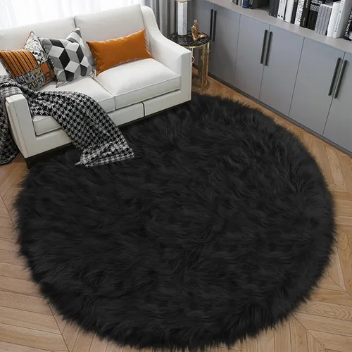 Vista 45 de Mini alfombra redonda negra de piel de oveja sintética de 15.7 pulgadas, alfombra circular esponjosa para silla, alfombra peluda para escritorio
