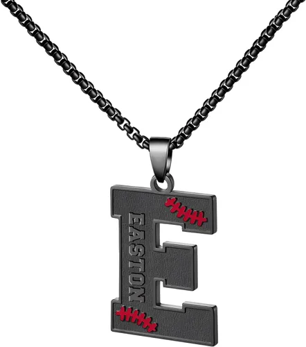 Vista 83 de Ldurian Collar personalizado con nombre de béisbol, cadena negra de acero inoxidable, collar con nombre deportivo, letra A-Z de 24 pulgadas, regalos