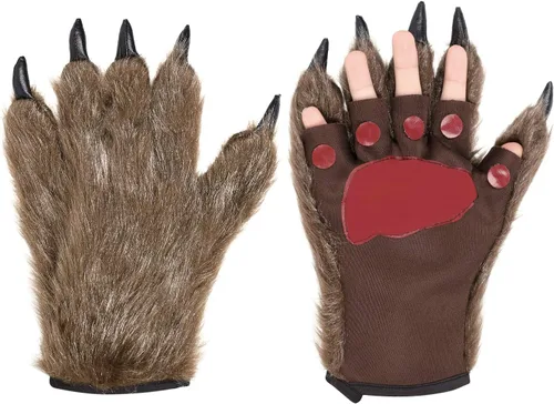 Vista 2 de 1 par de guantes de pata peluda de animales de Halloween, hombre lobo, oso diablo, guantes horribles para manos peludas, guantes de garra