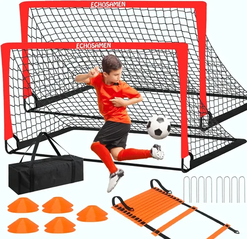Vista 10 de Porterías de fútbol para niños para el patio trasero, juego de 2 porterías de fútbol de 6 x 4 pies para niños con red de fútbol, 10 conos de fútbol