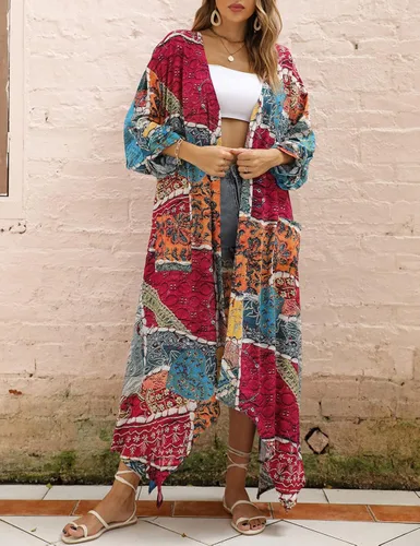 Vista 2 de Eddoyee Traje de baño largo con estampado frontal abierto para mujer, sexy, para playa, kimono, cárdigans